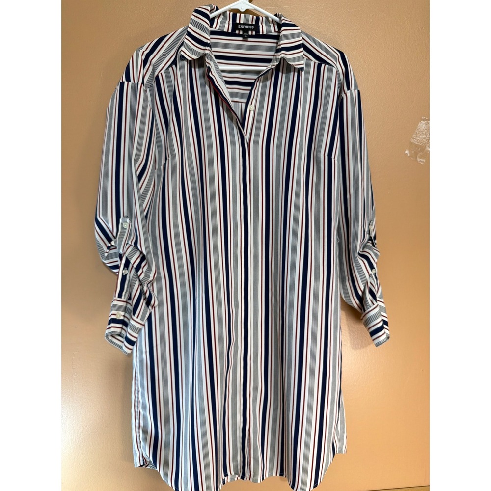 Express Womens Navy Red White Striped Roll Tab Sleeve Button Down‎ Shirt Medium